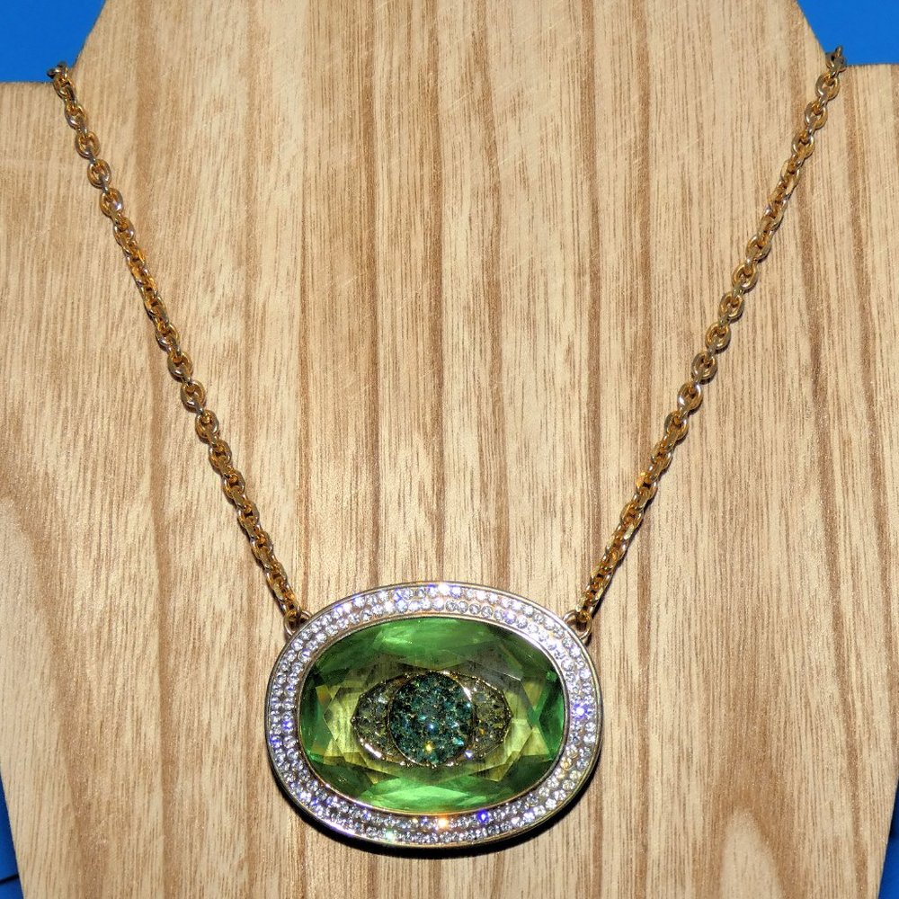 Vintage Evil Eye Necklace Protection Rhinestones Emerald Green Gold Tone RARE